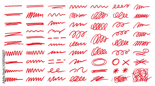 Bild auf Leinwand Red hand drawn scribble lines and marker strokes, set of 56 messy pen doodles an