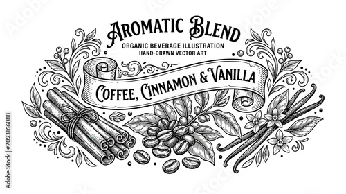 Принти на полотні Aromatic Blend Coffee Cinnamon Vanilla Hand Drawn Vector Art Illustration