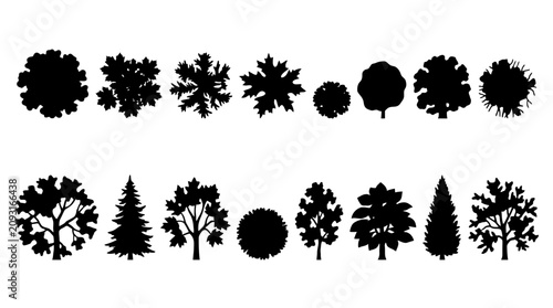 Canvastavla Black tree silhouettes set, 15 vector forest plant icons, minimalist nature land