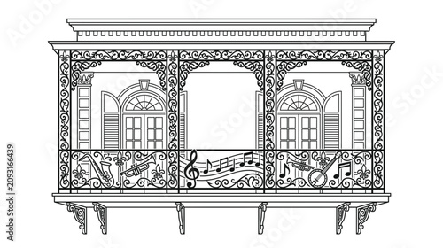 Canvas Print Ornate Balcony with Music Notes and Instruments Illustration