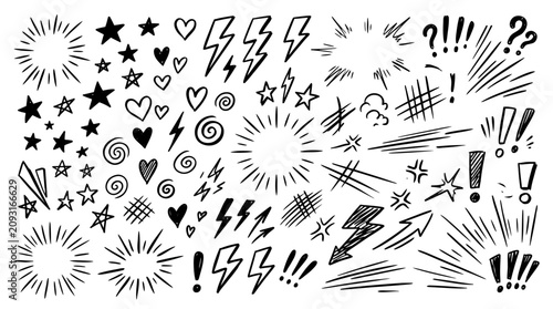 Tableau sur toile Hand drawn comic elements set, black ink doodle icons with lightning bolts and s