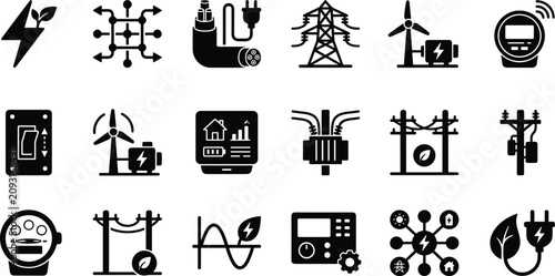 Set of electrical energy and power distribution icons showing smart grid technology power lines wind turbines and eco friendly electricity generation symbols