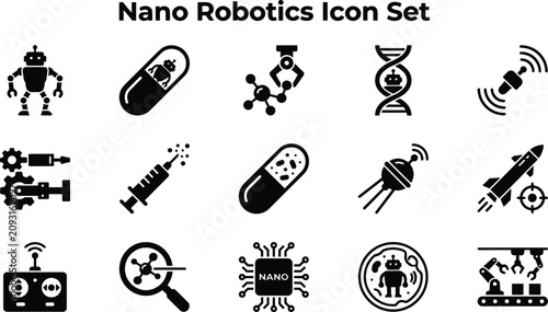Photos Set of black and white nano robotics and medical technology icons showing tiny r