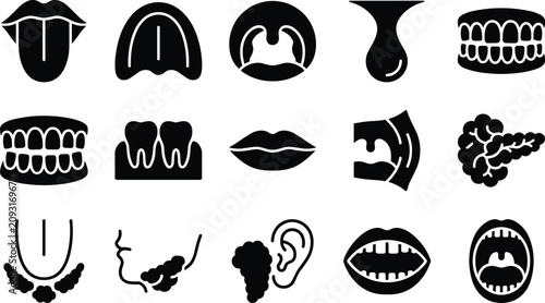 Fotografía Set of black and white human anatomy icons representing mouth tongue teeth lips