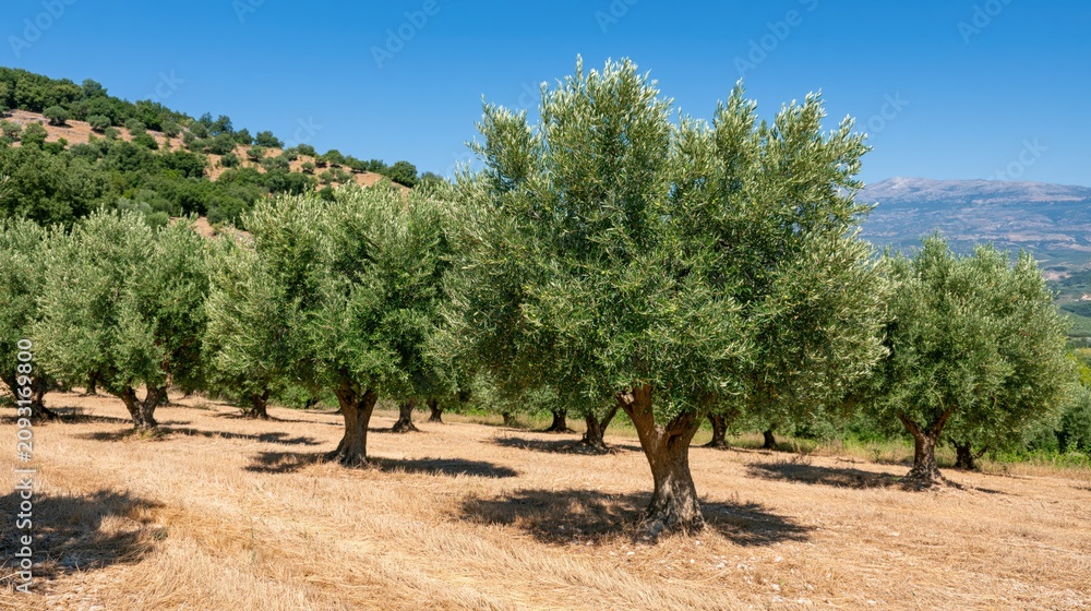 Naklejka premium Lush Mediterranean Olive Grove Under Bright Blue Sky, Rolling Hills in Background