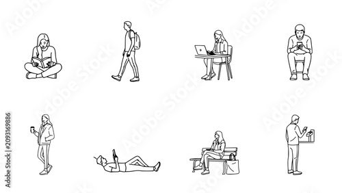 People Engaging in Various Activities with Technology and Books Featuring Reading, Walking, Sitting, Standing, and Laptop
