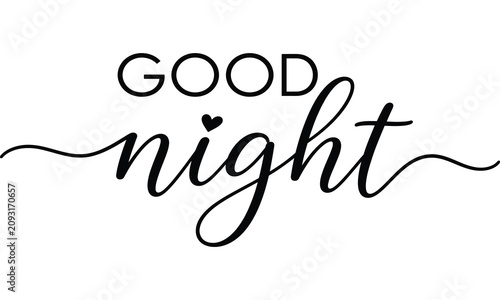 Foto Good night calligraphy text with a small heart symbol in black ink style