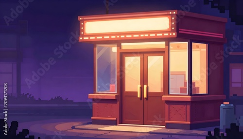 vintage pixel art cinema entrance glowing neon night