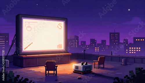 vintage pixel art rooftop cinema glowing night