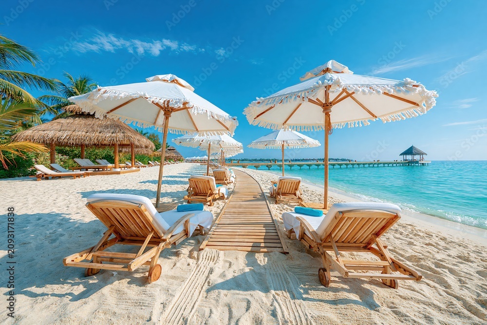 Obraz premium Serene tropical beach with white sun loungers and umbrellas, leading to turquoise ocean under a clear blue sky