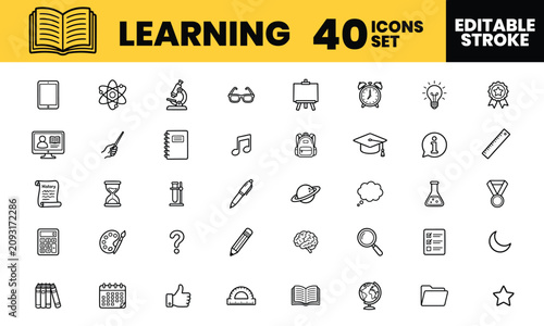 Fotografi Comprehensive set of forty minimalist education line icons representing school tools for an inspiring and bright learning design