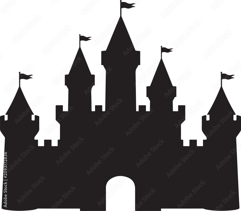 Fototapeta premium Black Silhouette Fairytale Castle With Towers Flags Isolated Icon Background