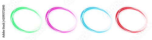 Neon light circles in green pink blue and red on transparent background