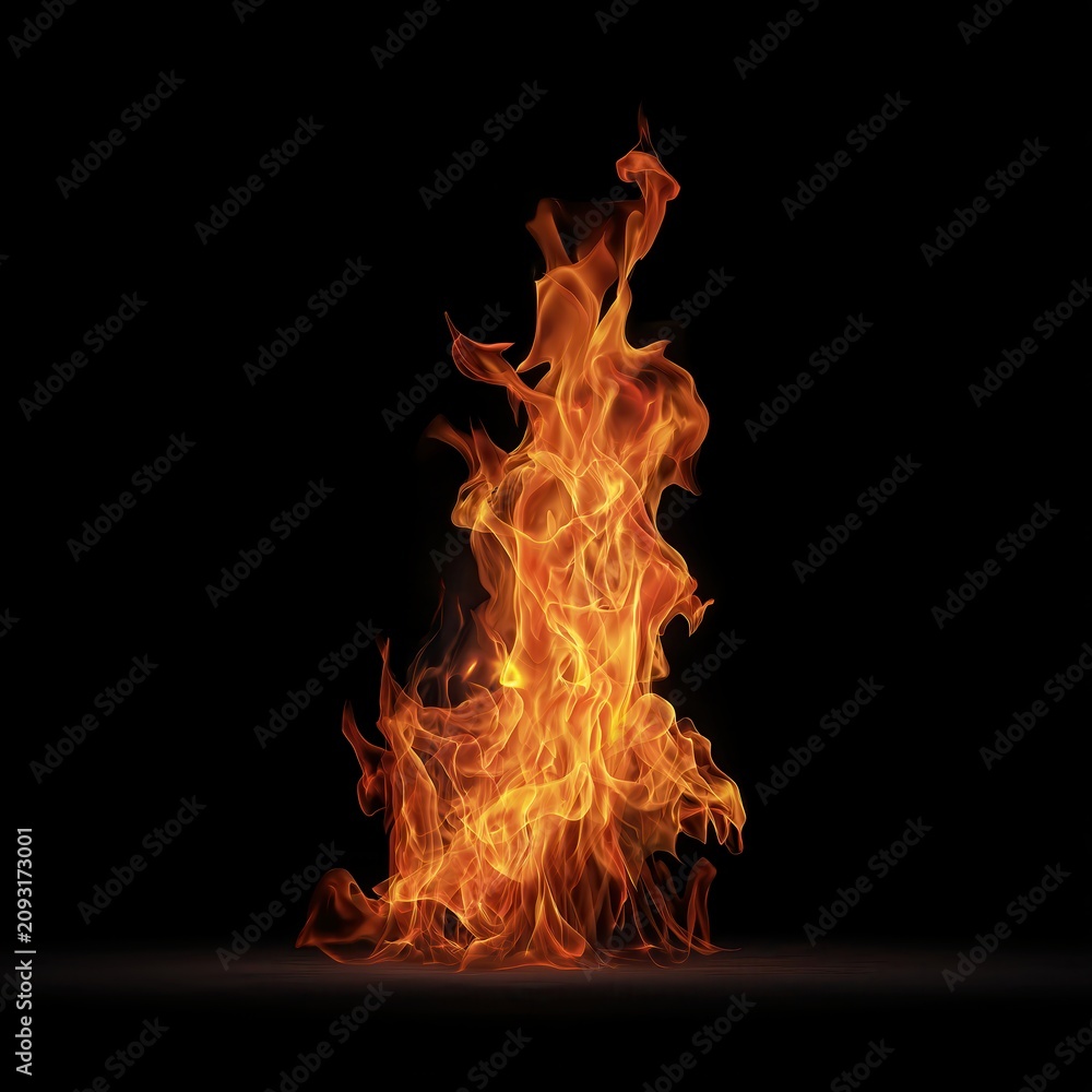 Fototapeta premium Bright orange flames twist and dance upwards against a pitch-black background, creating a dynamic and intense visual of fire