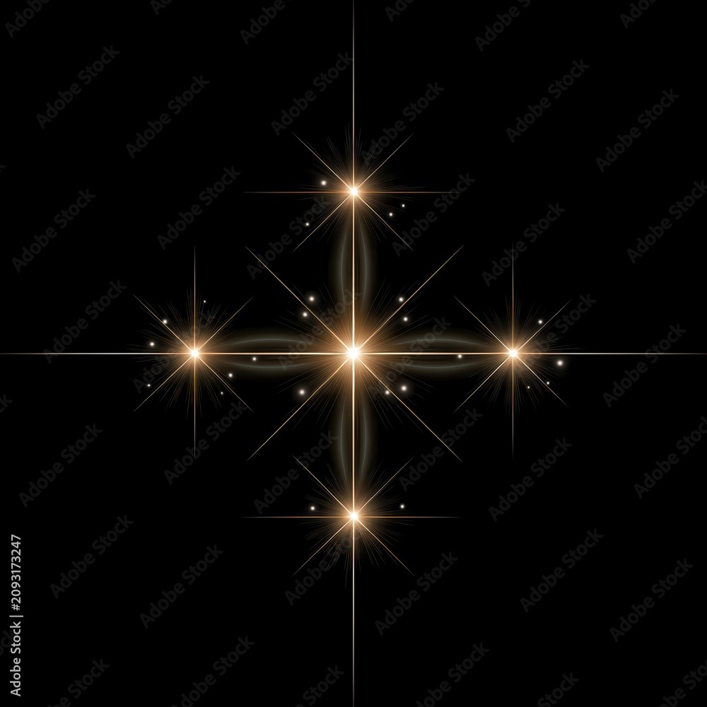 Fototapeta premium Five glowing golden stars arranged in a cross pattern on a black background, emitting radiant light and sparkles