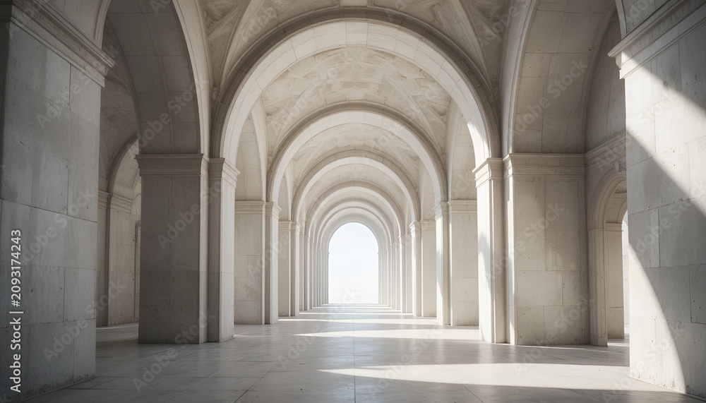 Obraz premium Grand arcaded hallway with repeating arches and sunlight streaks on floor with illuminated bright sunlight casting shadows floor openings columns illuminated