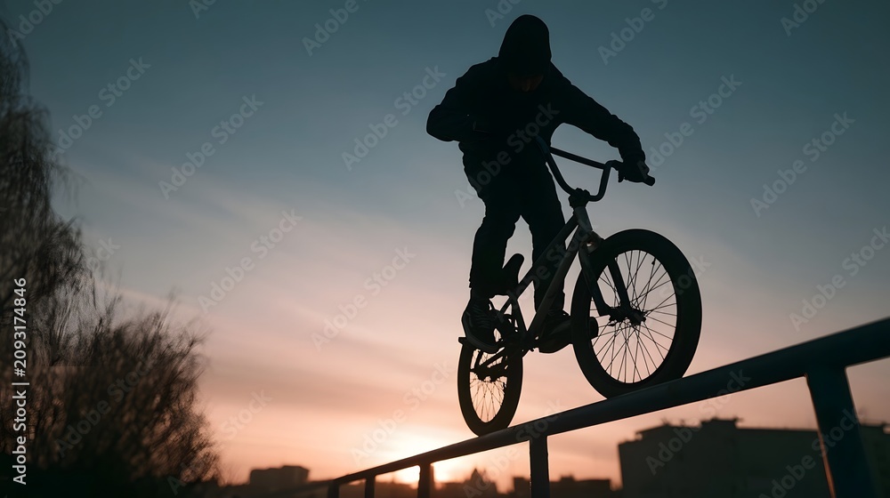 Obraz premium A silhouetted BMX biker balances his bike on a rail during sunset with cityscape and trees in background