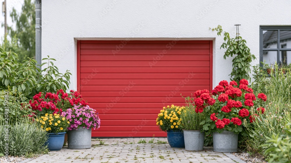 Fototapeta premium Vibrant Red Garage Door with Blooming Potted Flowers and Lush Greenery Creating a Welcoming Entrance