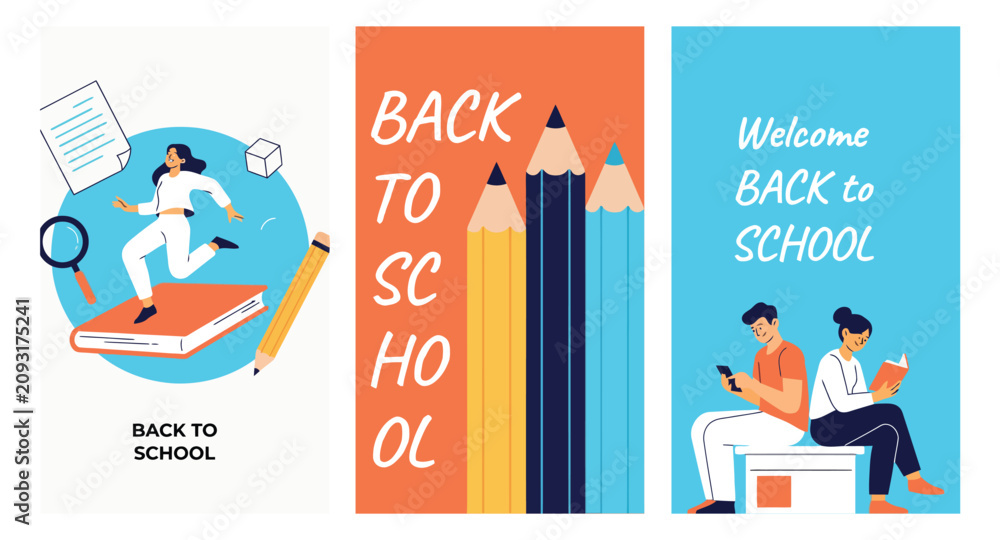 Naklejka premium Back to School Flat Vector Poster Set – Student Character, Giant Pencils & Friends Reading Illustration