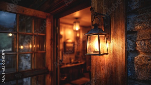ajar. A warm lantern illuminates a wooden tavern door slightly ajar at dusk. representing cultural heritage and milestone achievements.