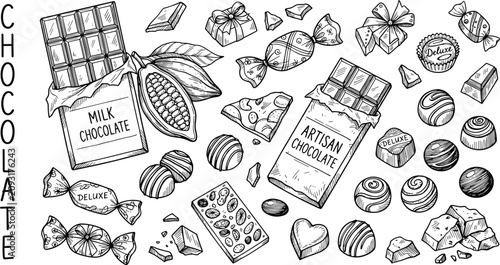 Sweet chocolate bars and candy truffles sweets collection set with cocoa pod hand drawn sketch engraving vector illustration