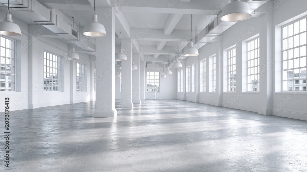 Obraz premium Bright, Spacious, White Industrial Loft Space with Large Windows and Concrete Floors
