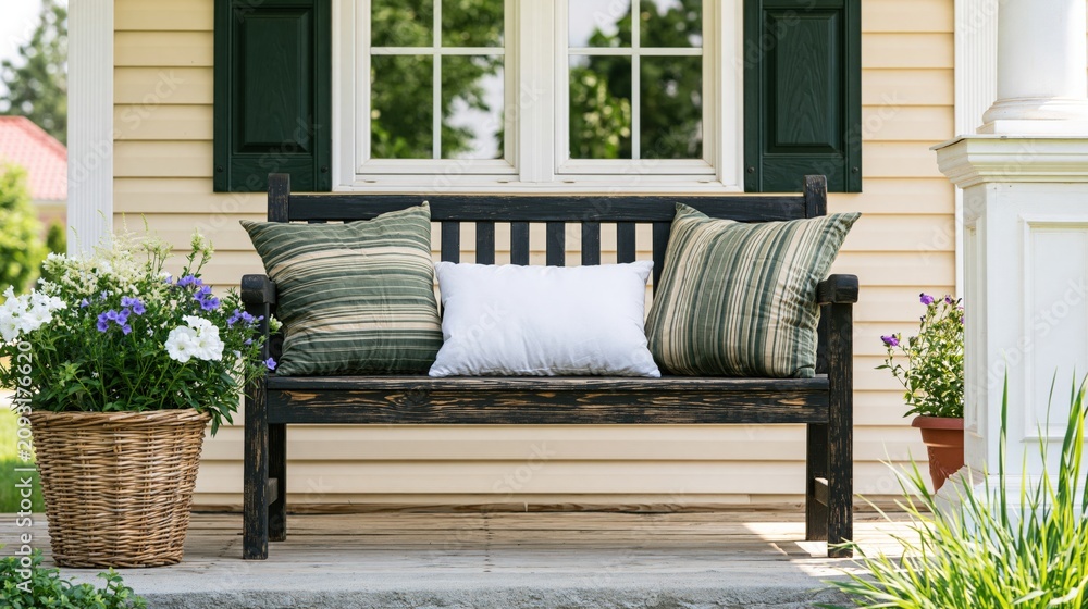 Obraz premium Inviting Front Porch Scene with Comfortable Bench, Cushions, and Blooming Flowers, Welcoming Ambiance