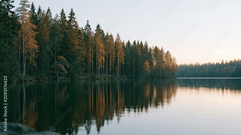 Fototapeta premium Tranquil Forested Lake with Reflective Water at Sunrise or Sunset