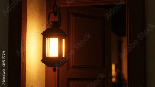 ajar. A warm lantern illuminates a wooden tavern door slightly ajar at dusk. representing cultural heritage and milestone achievements.