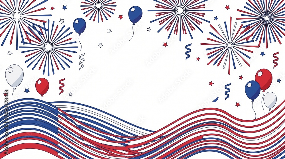 Fototapeta premium Illustration of red, white, and blue fireworks, balloons, and wavy stripes on a white background, perfect for 4th of July celebrations.