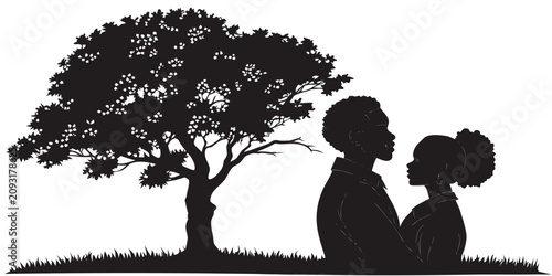 Cuadro en lienzo Romantic couple silhouette under tree at night, love, affection, nighttime