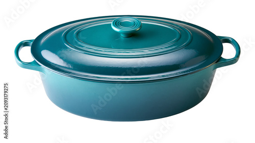 Foto Teal enameled cast iron Dutch oven with lid and handles
