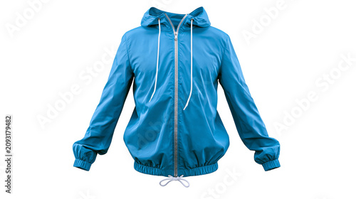 Photos Blue hooded windbreaker jacket with zipper and drawstring