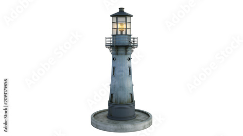 Tall grey lighthouse with illuminated lantern room and metal railing