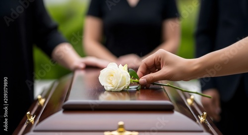 Mourners Place White Rose on Casket During Solemn Funeral Ceremony