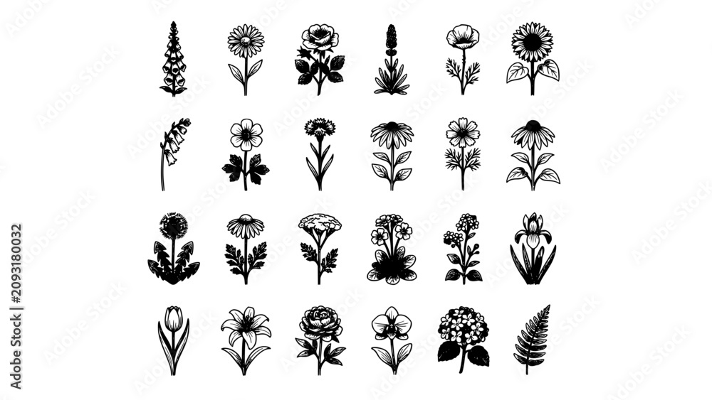 Fototapeta premium Flower Illustration Set with Black Ink Botanical Drawings Featuring Wildflowers, Leaves, Stems, and Detailed Flora Silhouettes