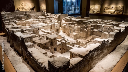 archaeological. Aerial view of a sand table model showing ancient city walls layout. real-estate listings.