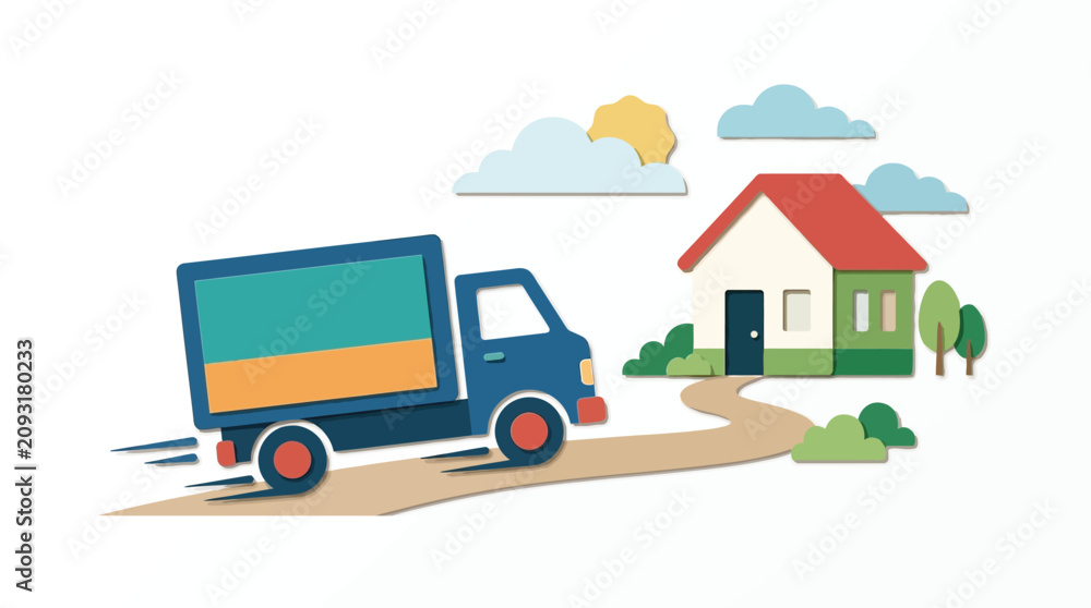 Obraz premium Moving truck driving on road towards house under sunny sky.