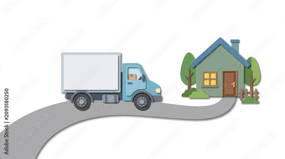 Naklejka premium Moving truck parked next to house for relocation service.
