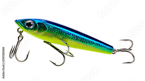 Принти на полотні Iridescent blue and yellow fishing lure with treble hooks
