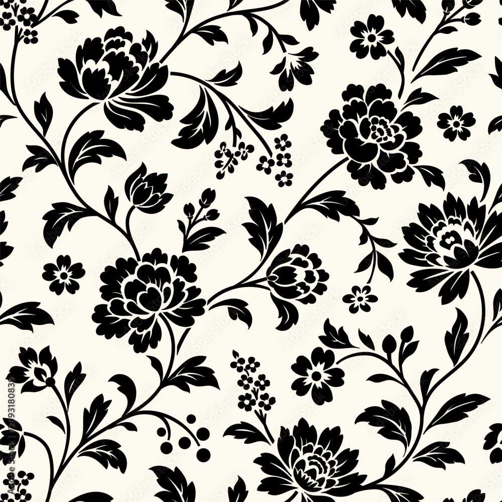 Fototapeta premium Trailing chintz floral design, monochrome black silhouette on cream background. Intertwining vines, blossoms, leaves in hand-drawn seamless vector pattern, stylized Jacobean flowers