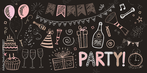 Foto Party themed elements vector illustration with balloons confetti and celebratory
