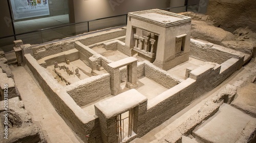 archaeological. Aerial view of a sand table model showing ancient city walls layout. real-estate listings.