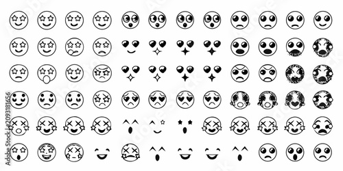 Schilderij op canvas Collection Of Circular Emoji Faces Black Vector Illustration On White