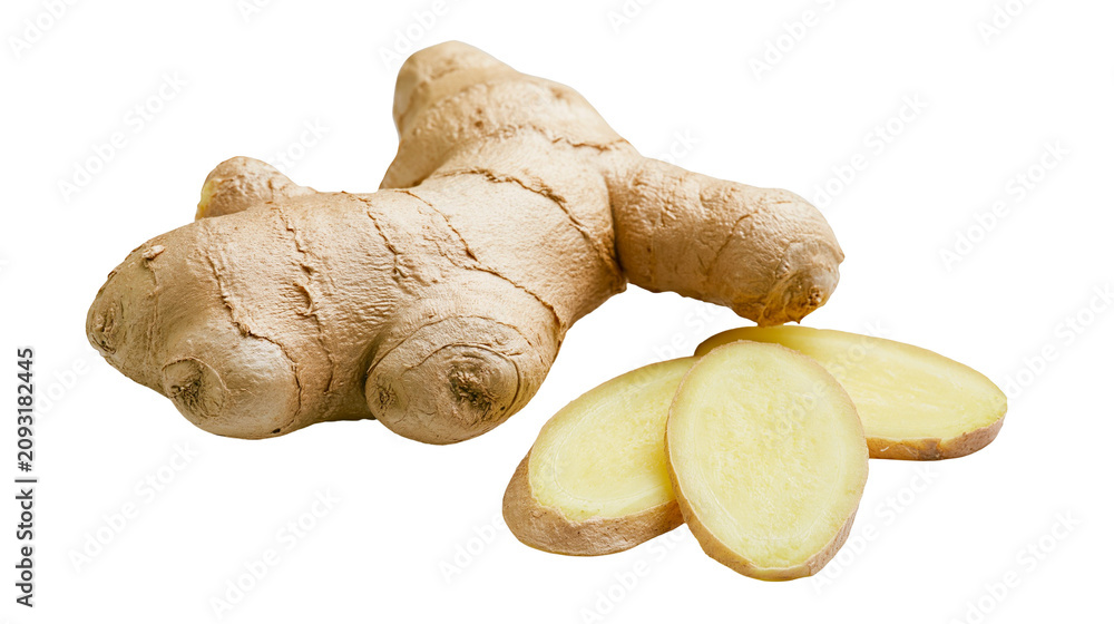 Fototapeta premium Whole ginger root with sliced pieces