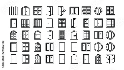Line drawings of various doors and windows in different styles and shapes on white background