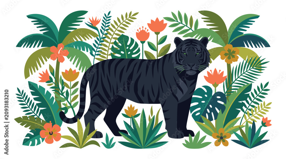 Fototapeta premium Colorful Tropical Jungle Scene Featuring a Black Panther Among Lush Vegetation.