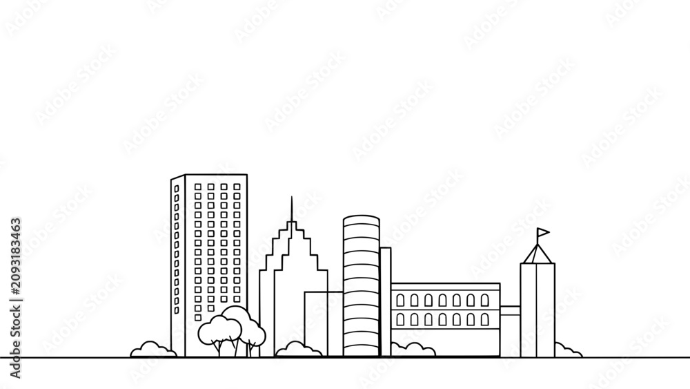 Obraz premium City Skyline with Buildings and Trees in a Minimalist Black-and-White Line Drawing Featuring Urban Architecture