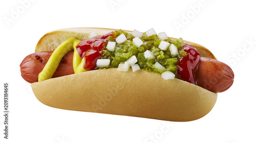 Obraz na plátne Hot dog with ketchup mustard relish, and diced onions in a bun