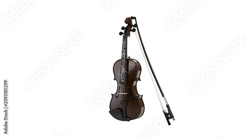 Dark wood violin with ornate inlay and bow